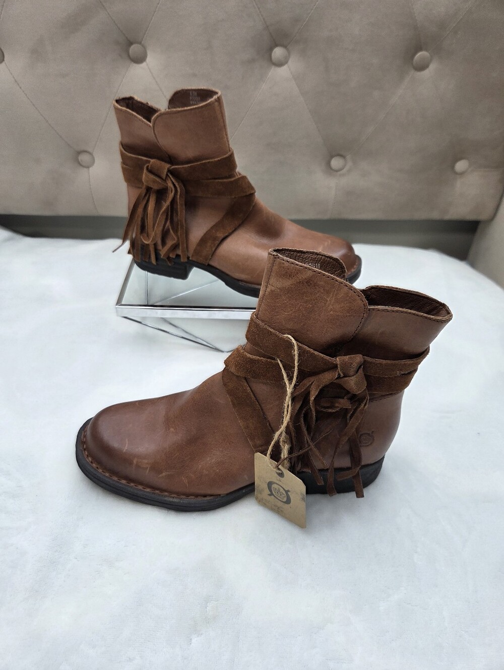 Born Leather Fringe Wrap Ankle Boots Brown‎ Side Zip Booties Women's Size 6.5M
